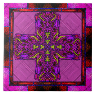 Cruz Celta em Vidro Colorido Rosa e Roxo