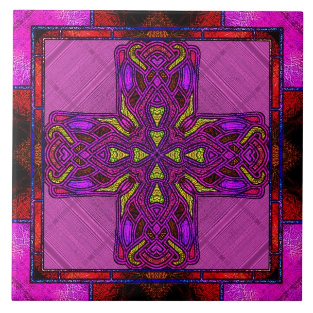 Cruz Celta em Vidro Colorido Rosa e Roxo (Frente)