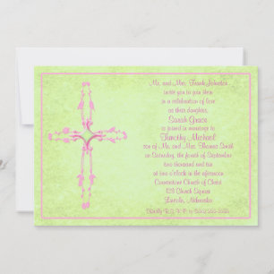Cruz cor-de-rosa cristã no convite verde do