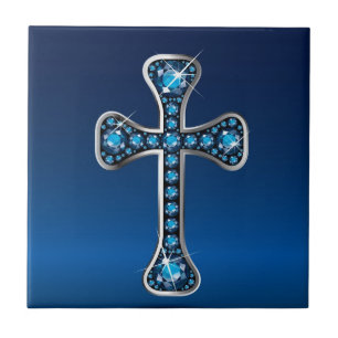 Cruz Cristã com Pedras "Aquamarine"