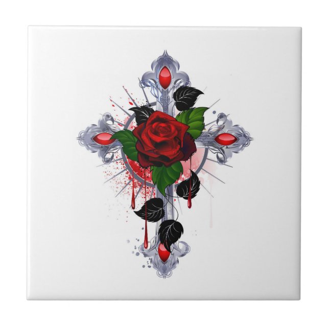 Cruz de Prata com Rosa vermelha (Frente)