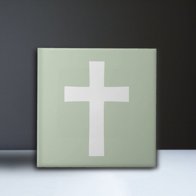 Cruz em Verde (White Cross on Green Ceramic Tile)