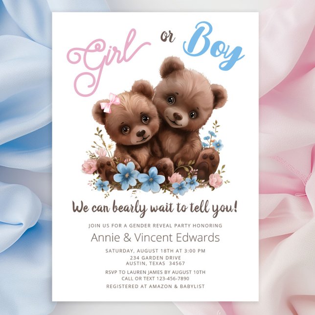 Cubos de Urso Bonito Sexo Convite de festas Revela (Adorable baby boy and girl bear cubs with pretty pink and blue flowers. Simply add your details.)