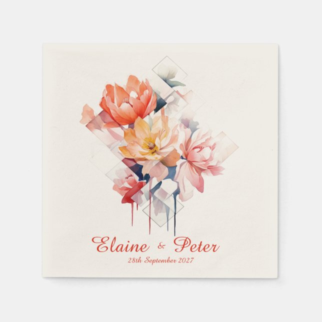Cubos Vermelhos e Flores: Guardanapos de Casamento (Frente)