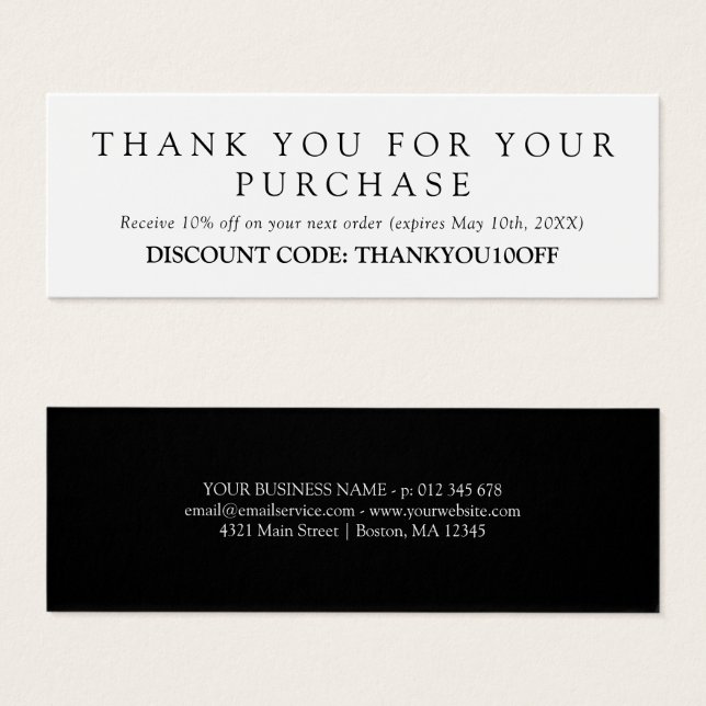 Cupão de Código de Desconto Preto Minimizado (Frente & Verso)