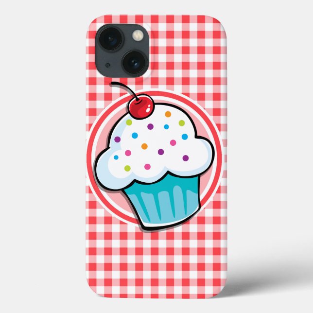 Cupcake bonito em Gingham Branco e Vermelho (Verso)