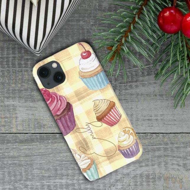 Cupcake de aquarela Monograma de Xadrez amarela (Watercolor Cupcake Yellow Plaid Monogram Baker's Case-Mate iPhone Case)