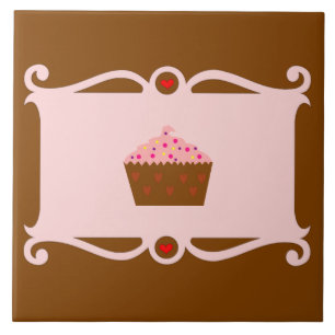 Cupcake de Coração Rosa e Chocolate Azulejo Cerâmi