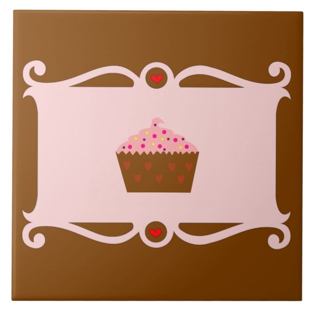 Cupcake de Coração Rosa e Chocolate Azulejo Cerâmi (Frente)