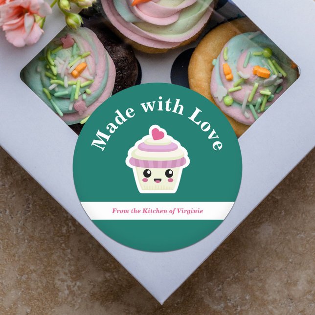 Cupcake Kawaii feito com adesivo de etiqueta de am (Cupcake Kawaii Made with Love Label Sticker)