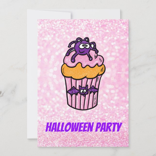 Cupcake rosa de Halloween de convite personalizáve (Frente)