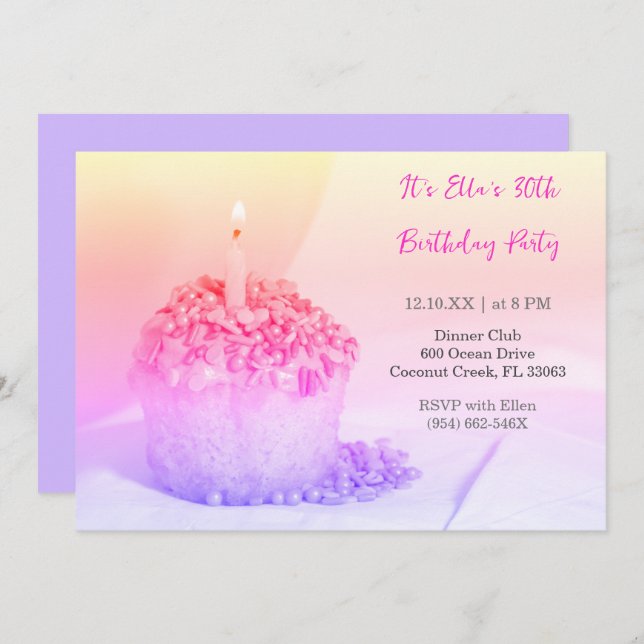 Cupcake roxo Convite aniversário de 30 anos colori (Frente/Verso)