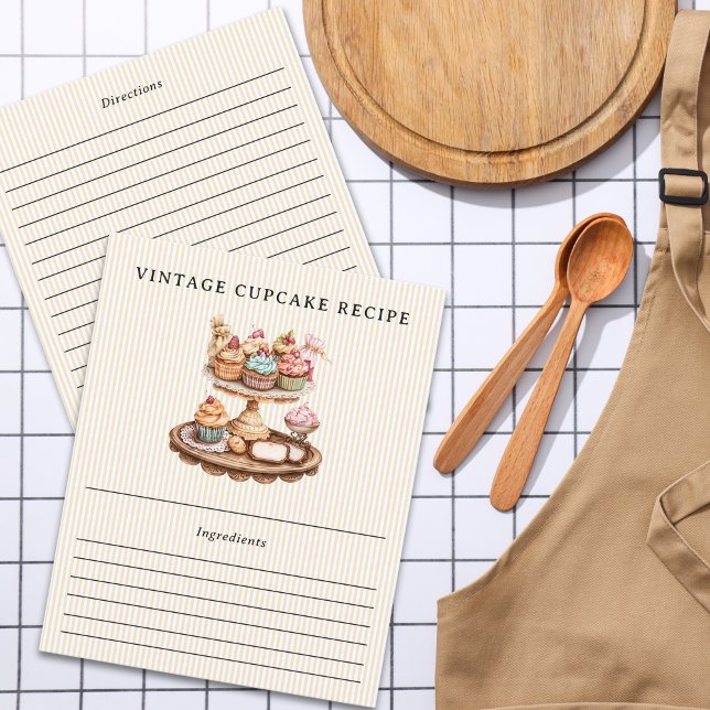 Cupcakes de vindima Cartão de receita distribuída  (Vintage Cupcakes Pastry Bakery Striped Recipe Card)
