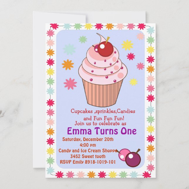 cupcakes e convite de aniversário de aspersores (Frente)