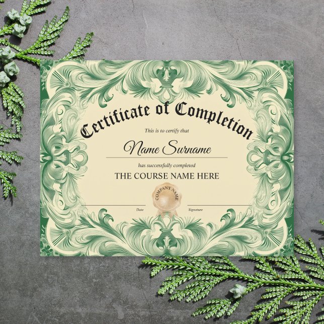 Curso de Prêmio Diploma Certificado de Conclusão (certificate of completion with green ornate border)