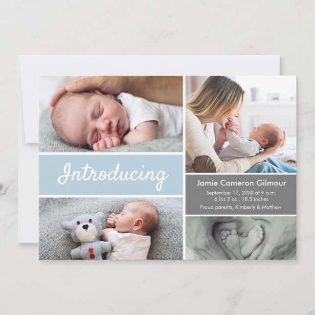Custom Baby Photo Collage Blue White Modern Script (Frente)