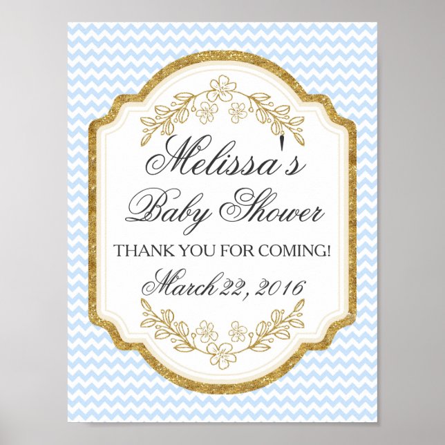 Custom Baby Shower Sign, Blue Gold,Welcome Poster (Frente)