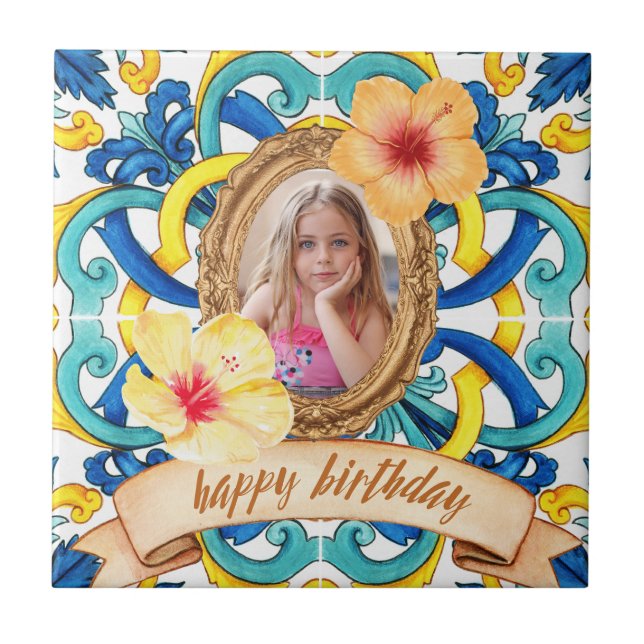 Custom Birthday Photo Blue Mediterranean Tile Cera (Frente)