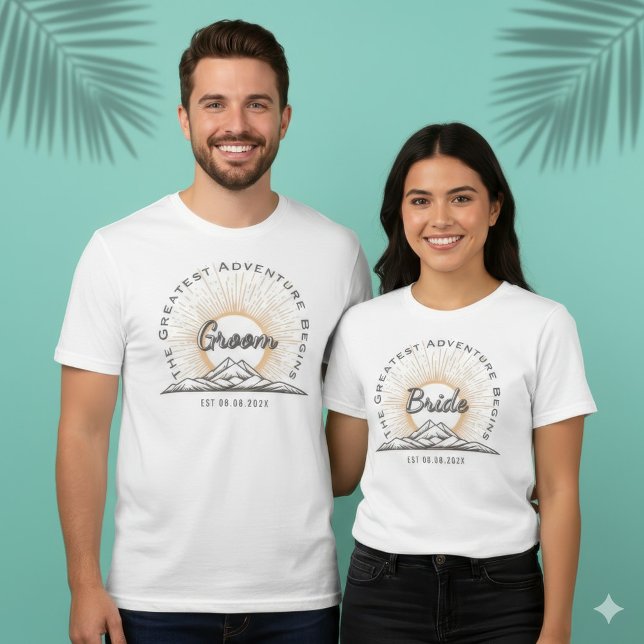 Custom Bride Mountain Sun Adventure Begins WedDay  (Bride The Greatest Adventure Begins Vintage Mountain Wedding T-Shirt)