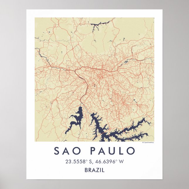 Custom City Map Sao Paulo Brazil Wall Art Poster (Frente)