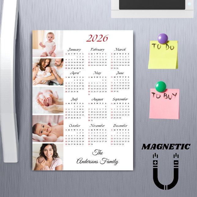 Custom Family Photo Collage 2026 Calendar Magnet (Criador carregado)