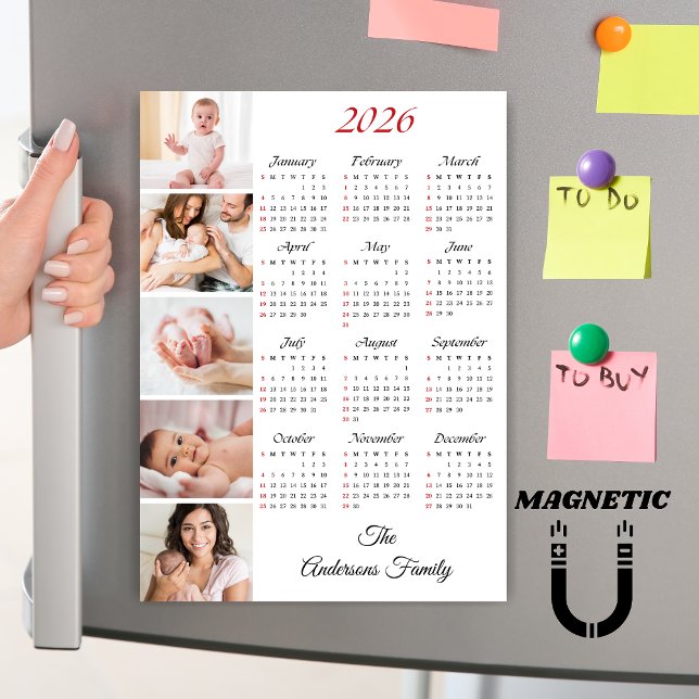 Custom Family Photo Collage 2026 Calendar Magnet (Criador carregado)