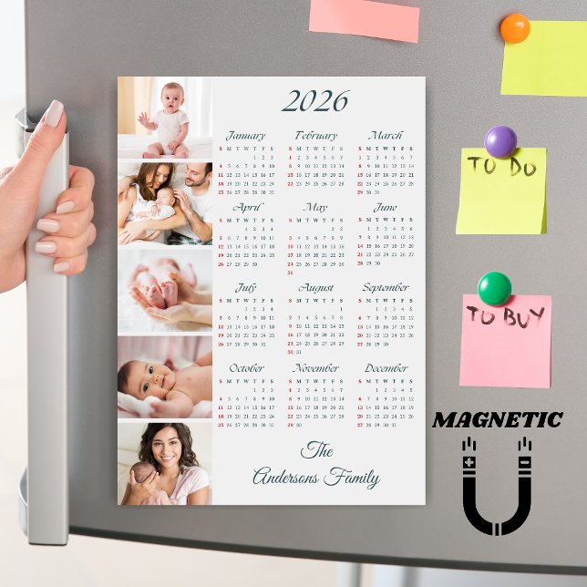 Custom Family Photo Collage 2026 Calendar Magnet (Criador carregado)
