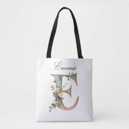 Custom Gold Floral Letter E All-Over Print Tote
