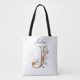 Custom Gold Floral Letter J All-Over Print Tote