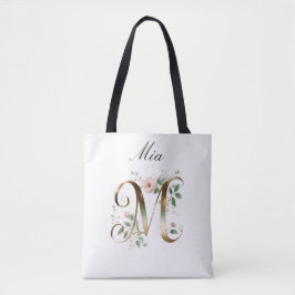 Custom Gold Floral Letter M All-Over Print Tote