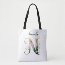Custom Gold Floral Letter N All-Over Print Tote