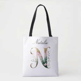 Custom Gold Floral Letter N All-Over Print Tote