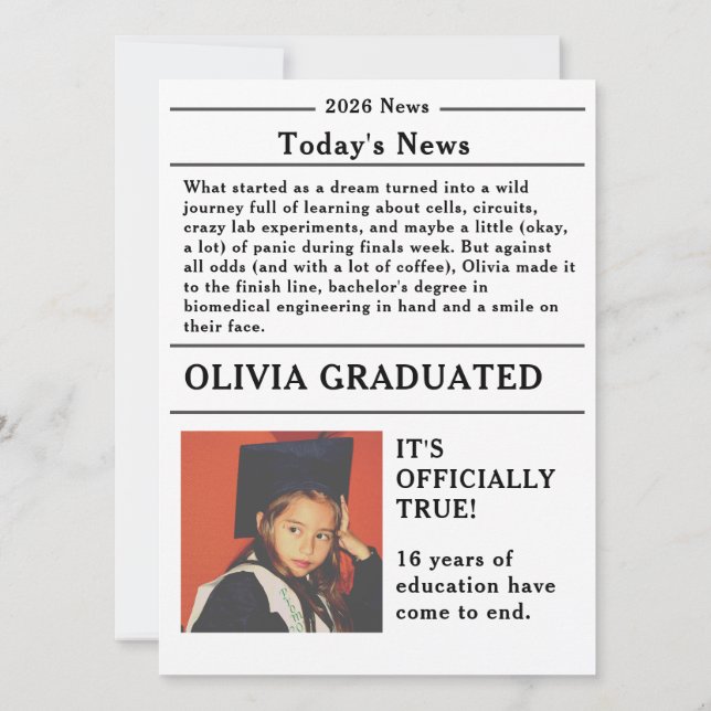 Custom Graduation Newspaper Academic Major Edition (Verso)