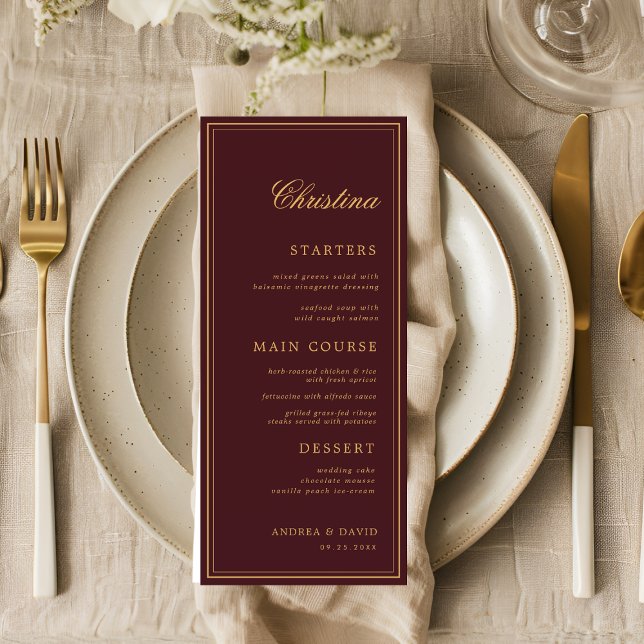 Custom Guest Name Burgundy Gold Place Card Menu (Criador carregado)