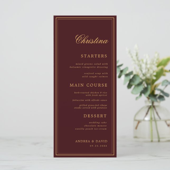 Custom Guest Name Burgundy Gold Place Card Menu (Em pé/Frente)