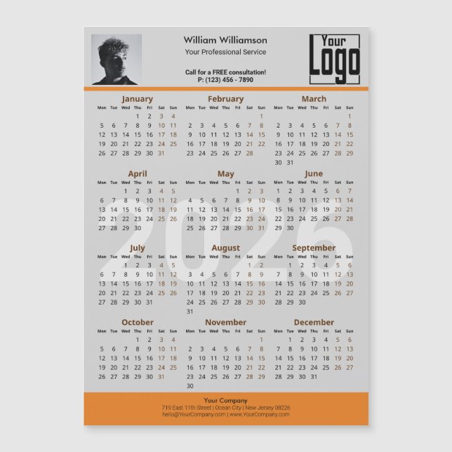 Custom Image Logo Gray Orange 2026 Calendar Magnet (Frente)