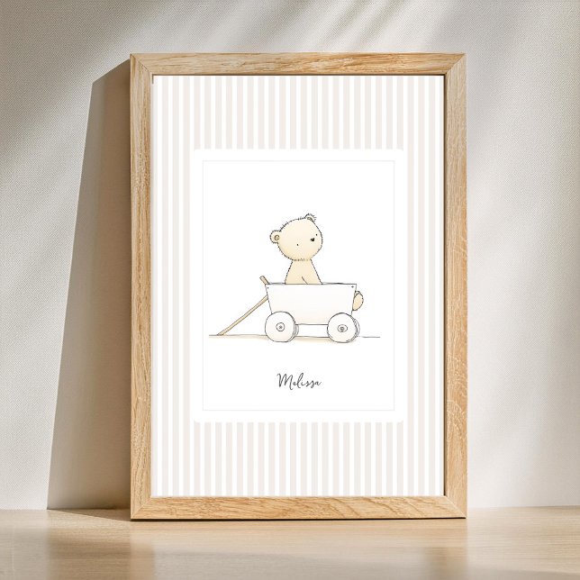 Custom Name Poster - Cute Bear in Pull Wagon (Personalized cute nursery poster of baby bear.)