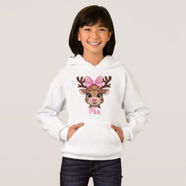 Custom Name Reindeer Hoodie for Girls – Christmas  (Frente Completa)