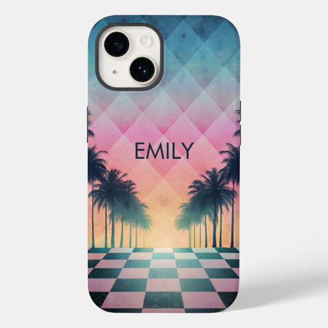 Custom Name Retro Synthwave Sunset Palm Trees (Verso)