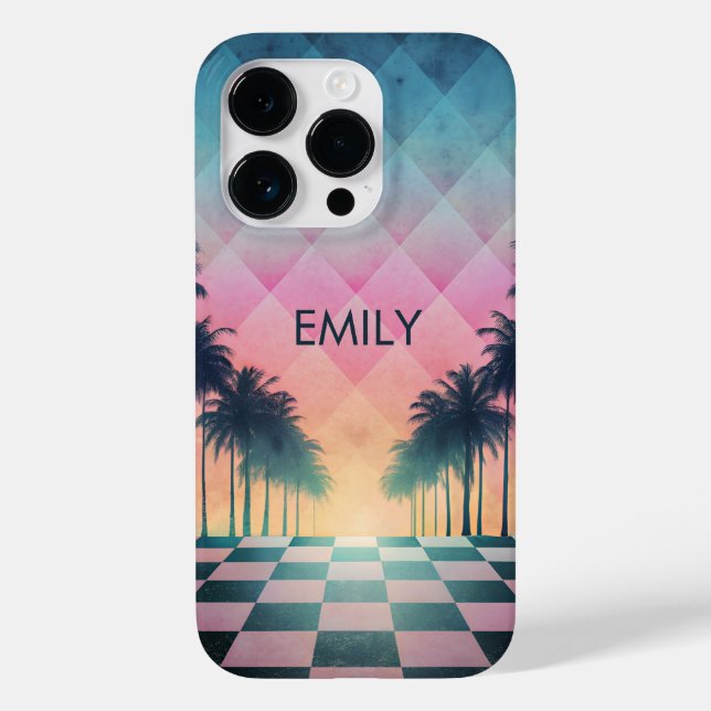 Custom Name Retro Synthwave Sunset Palm Trees (Verso)