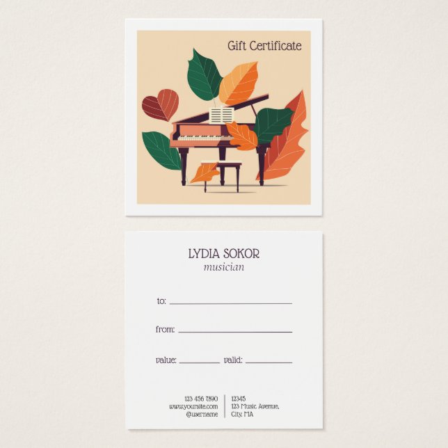 Custom Piano Music Lessons Gift Certificate (Frente & Verso)