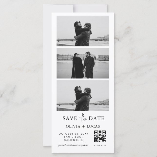 Custom QR Code Photo Strip Wedding Save The Date (Frente)