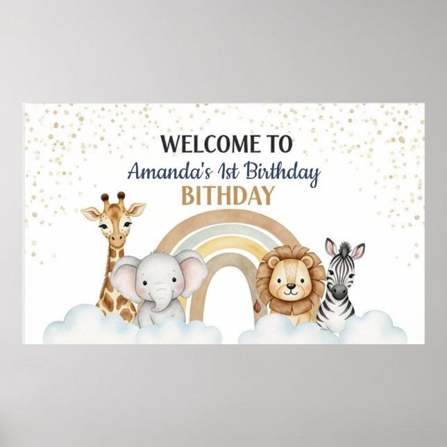 Cute 1st Birthday Safari Animals Paper Poster (Frente)