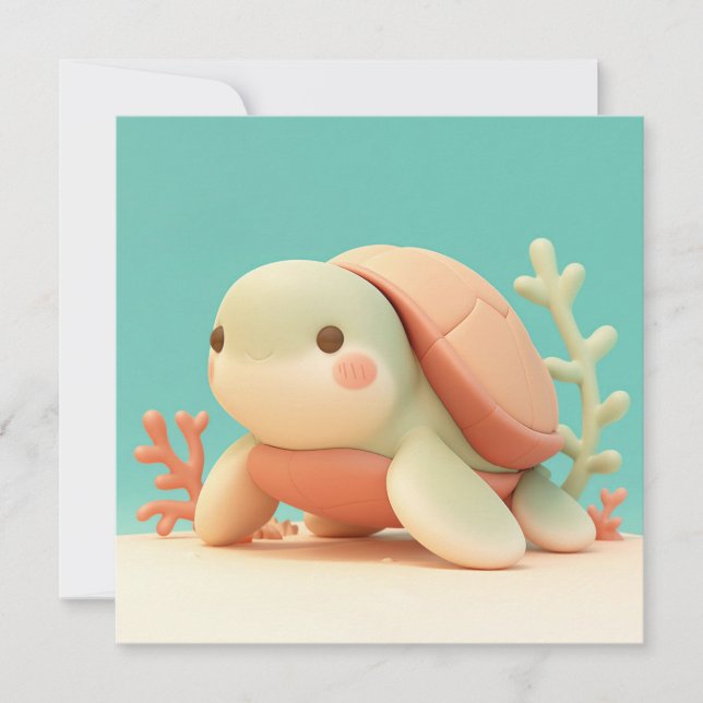 Cute 3D Clay Sea Turtle with Orange Coral Postcard (Frente)