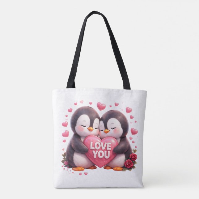Cute 3D Penguin Love Tote Bag (Verso)