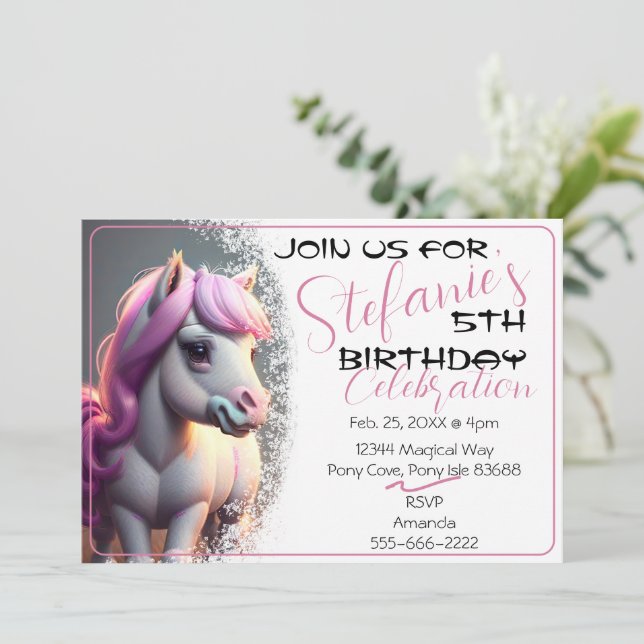 Cute 3D Spirit Pony 5 Aniversário Convite (Em pé/Frente)