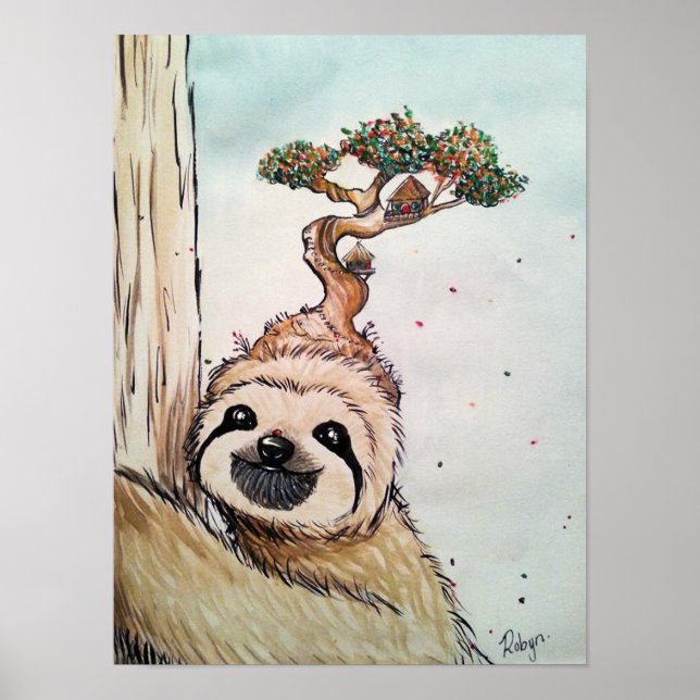 Cute Animal Sloth with Bonsai Tree house Poster (Frente)