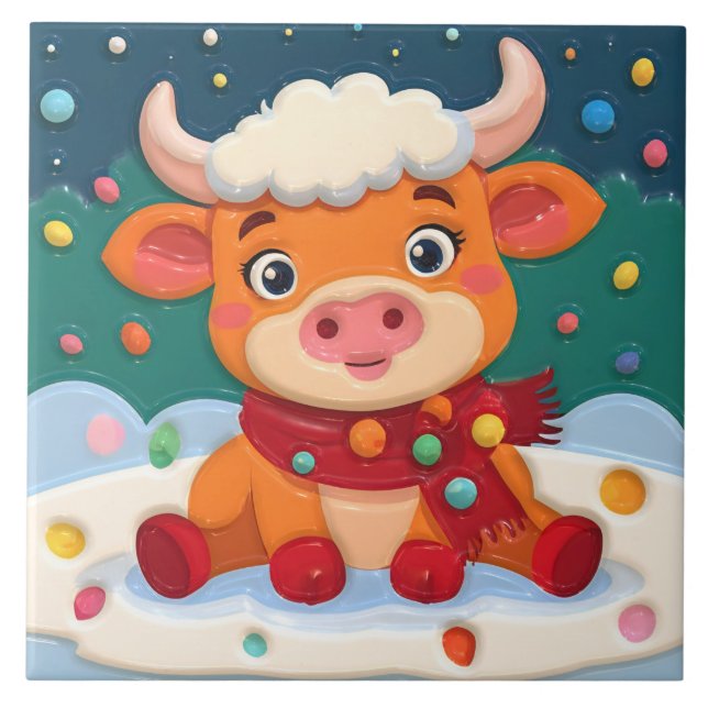 Cute Baby Highland Cow w Christmas Lights on Teal (Frente)