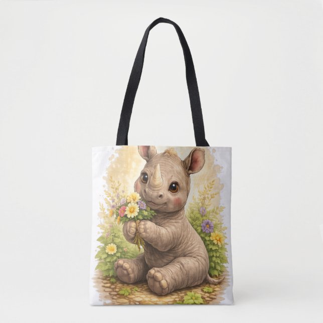 Cute Baby Rhino Floral Tote Bag Kawaii (Frente)