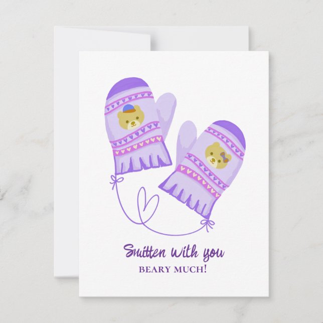 Cute Bear Love Purple Mittens Valentine's Day Card (Frente)